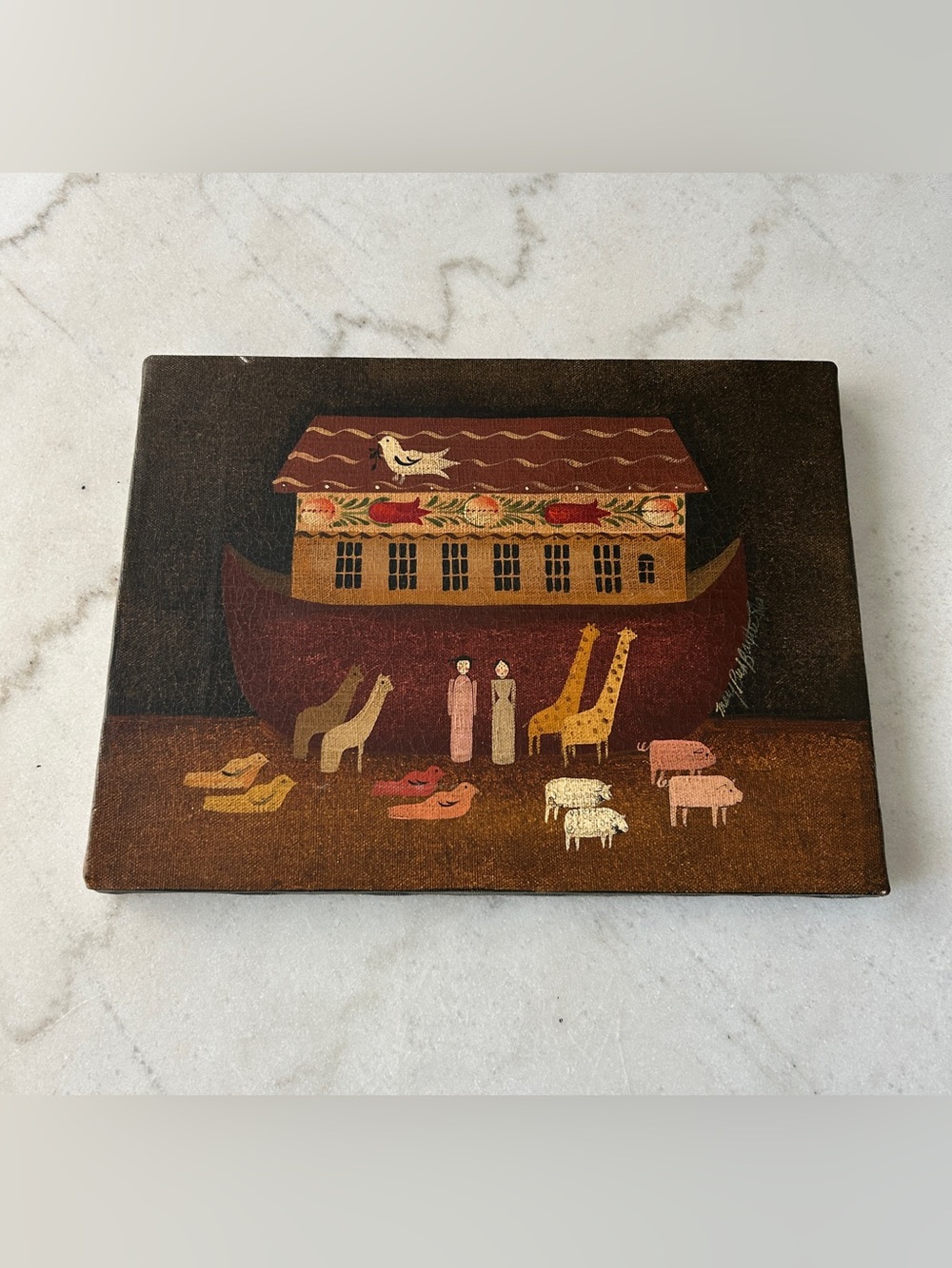 Folk Art Noah's Ark Wood Painting in Warm Earth Tones